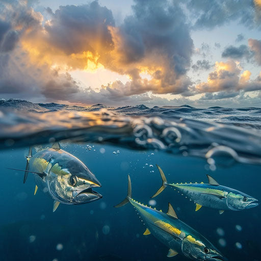 Yellowfin tuna swimming near the water's surface