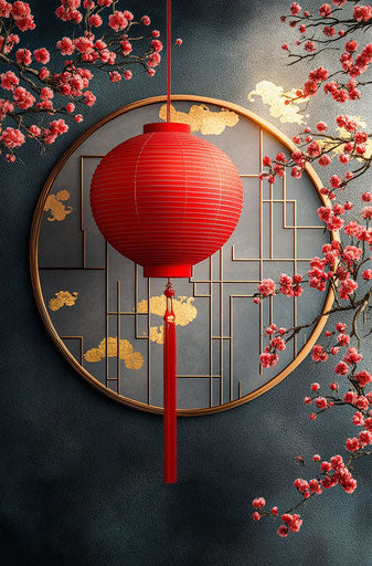 Red lantern with plum blossoms and golden clouds