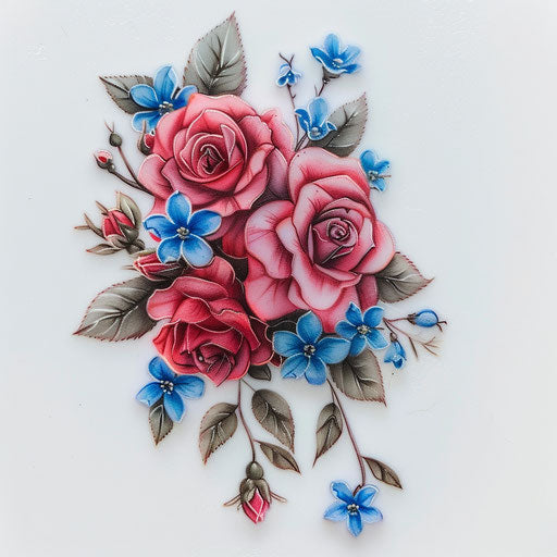 Floral tattoo with roses and forget-me-nots on white