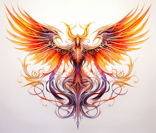 Symmetrical phoenix tattoo design on white background