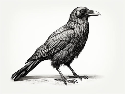 A black and white drawing of a raven, detailed miniatures style