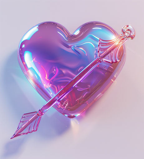 Valentine's Day arrow icon on a heart, dark pink and azure style, massurrealism, unbelievably beautiful, playful cartoonish, princesscore, realistic stylized