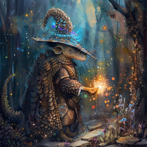 An armadillo wizard casting a spell in an enchanted forest