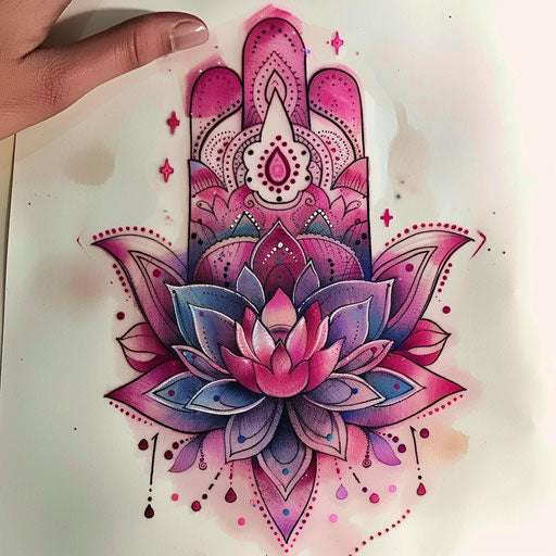 Contemporary hamsa tattoo drawing in pastel shades and soft gradients, on white background
