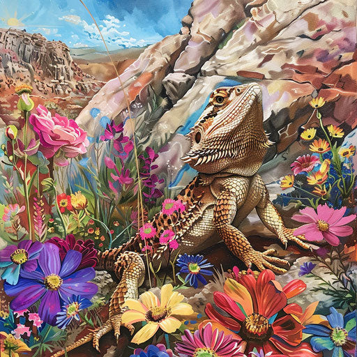 Bearded dragon blending in with vibrant desert flowers