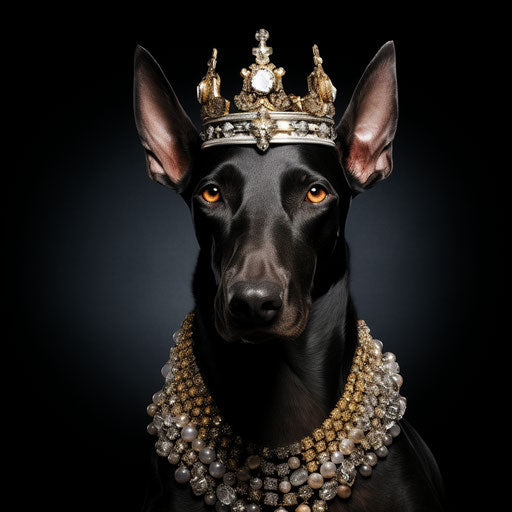 Doberman terrier dog, queencore style, gritty elegance