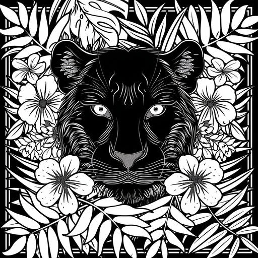 Black panther surrounded by tropical flowers and foliage