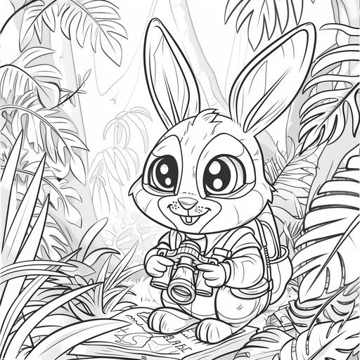 Bunny explorer with map and binoculars in a jungle