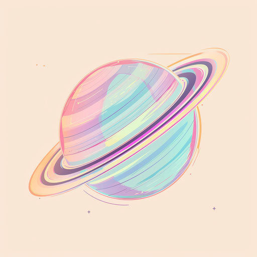 Flat tattoo sketch of Saturn with bright rings in pastel colors