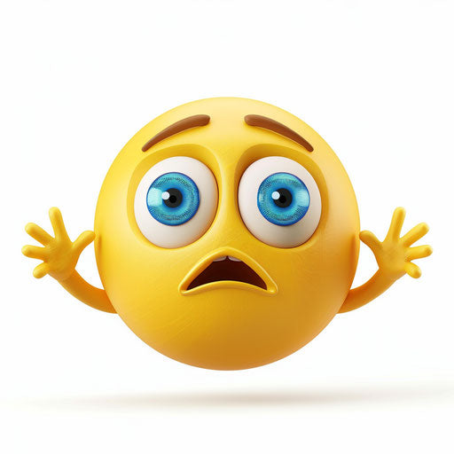 Yellow smiling face with blue eyes, hands up, looking confused in vector style on white background