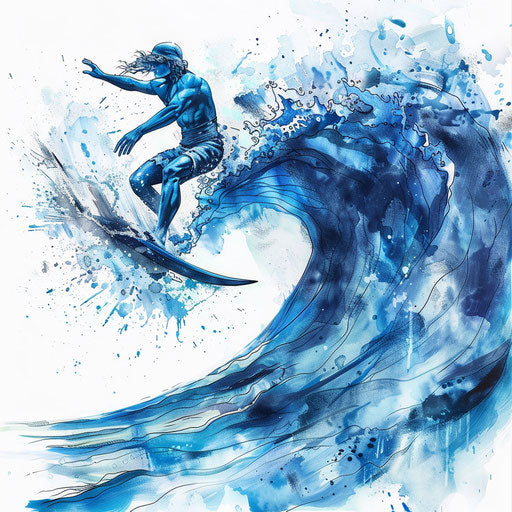 Dynamic blue surfer on white canvas