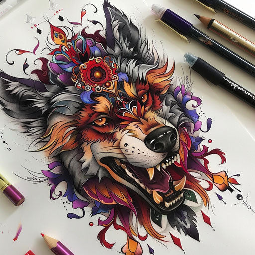 Neo-traditional tattoo sketch of a lobo with rich colors and intricate details