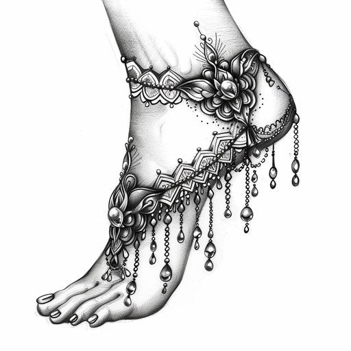 Elegant flat tattoo sketch of an ankle bracelet with intricate lace and bead patterns