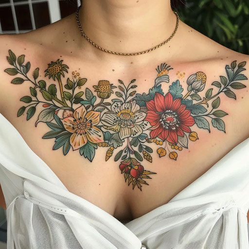 Botanical floral chest tattoo for women inspired by M. S. Merian