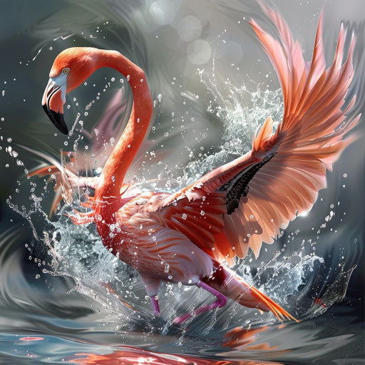Flamingo in flight with detailed feathers and water splashes