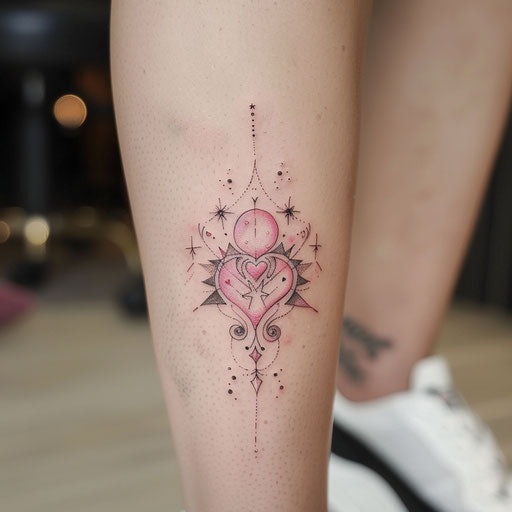 Flat romantic tattoo sketch of the North Star with heart-shaped patterns and soft pink hues