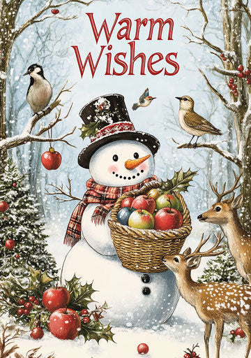 Warm wishes with snowman, birds, deer, and apples