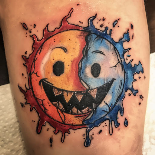 Smiley face tattoo with fire and ice theme on white canvas