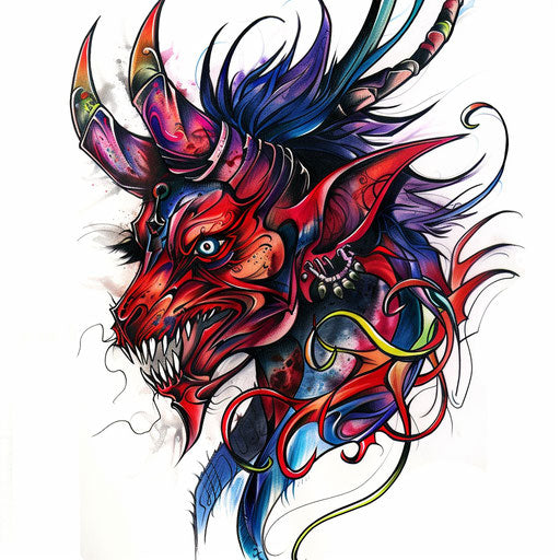 Bold punk rock devil tattoo in bright colors on white