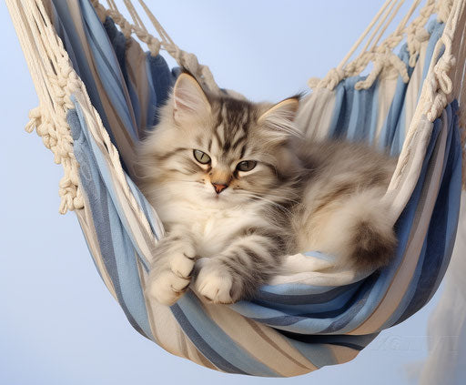 Blue kitten in a hammock, light beige and silver style