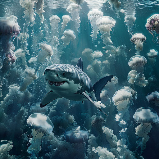 Great white shark swimming among a school of jellyfish
