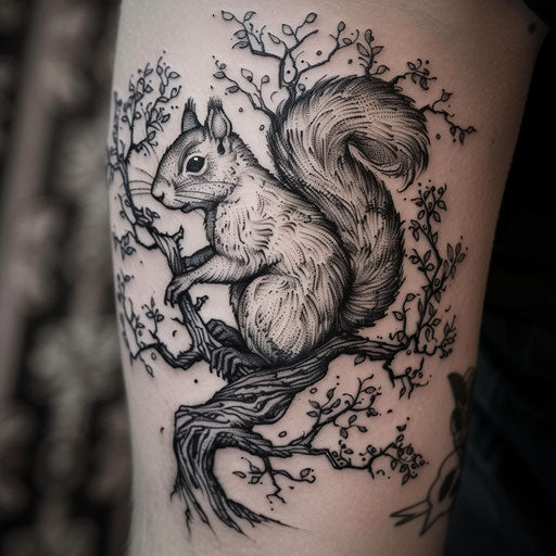 Bold flat tattoo sketch of a squirrel with dramatic detailed oak tree backdrop