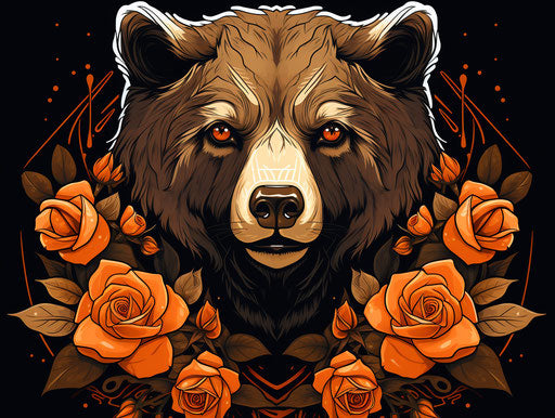 Bear design on brown background with roses and arrows