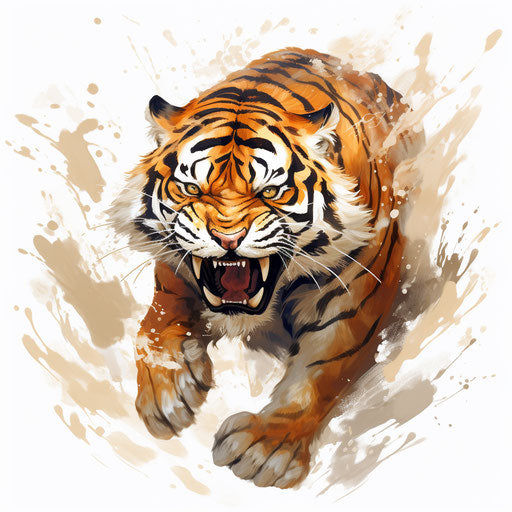 Digital art of a tiger in kintsukuroi style, intense movement