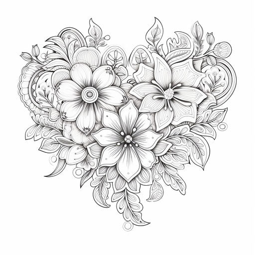 Adult heart design coloring page in captivating flower style