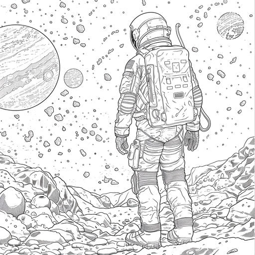 Space exploration with astronauts and planets in the style of a Hideo Kojima coloring book page