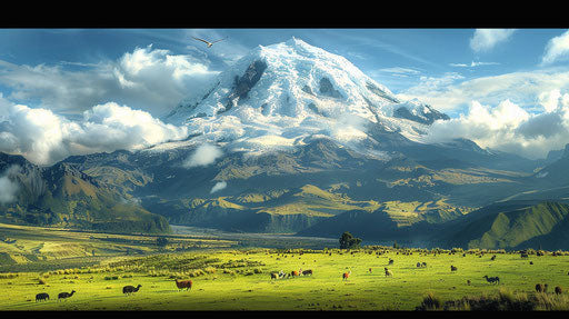 Active volcano surrounded by green valleys and snow-capped peaks