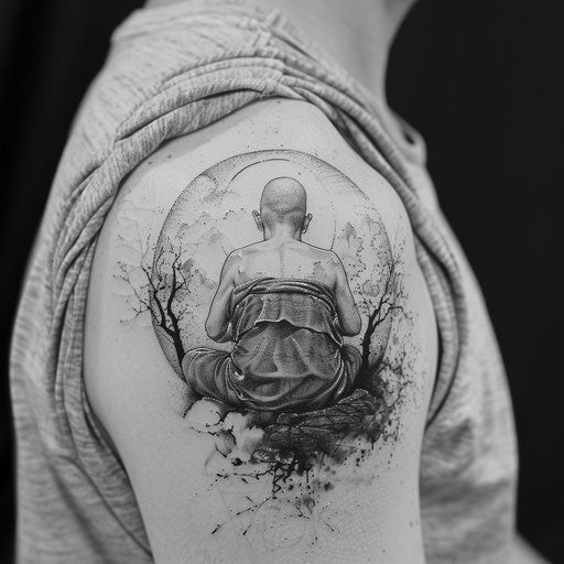 Spiritual tattoos of a Buddhist monk meditating