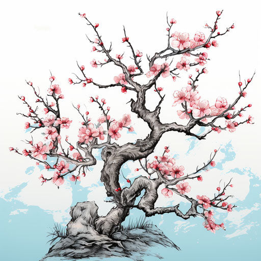 Cherry blossom tree in light azure and pink style, hand-drawn elements