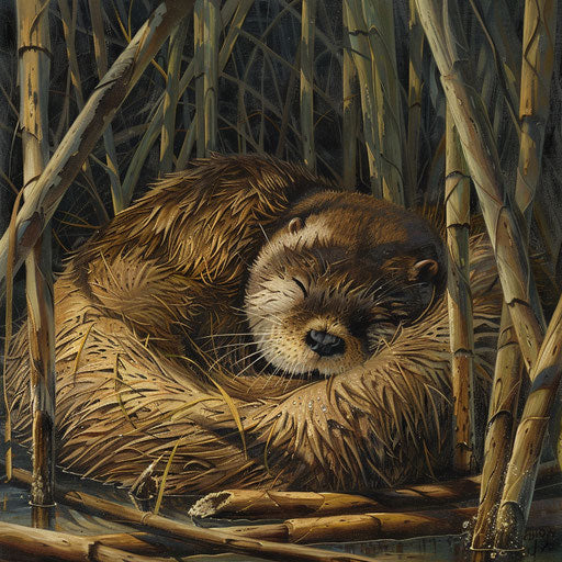 Sleeping otter in bed of reeds, under afternoon sun