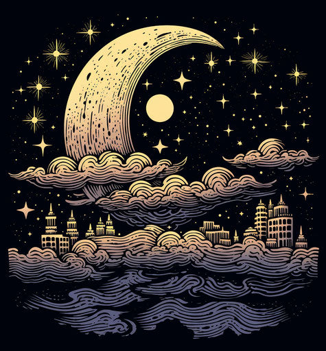 Moon and stars with clouds in silhouette vector style