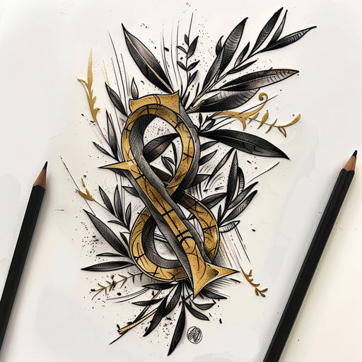 Chi Rho symbol intertwined with olive branches in black and metallic gold ink on white background