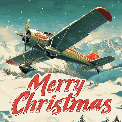 'Merry Christmas' banner towed by a vintage airplane across a clear blue sky, snowy mountains in the background