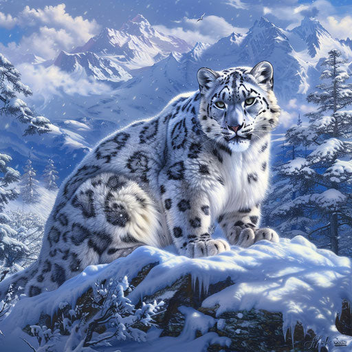 Snow leopard camouflaged in snowy mountain scenery