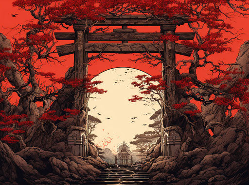 Japanese torii gate in hand-drawn animation style