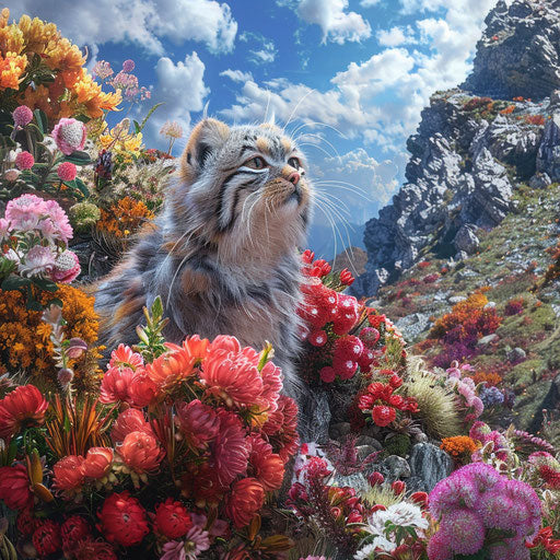 A Pallas's cat among vibrant alpine flowers