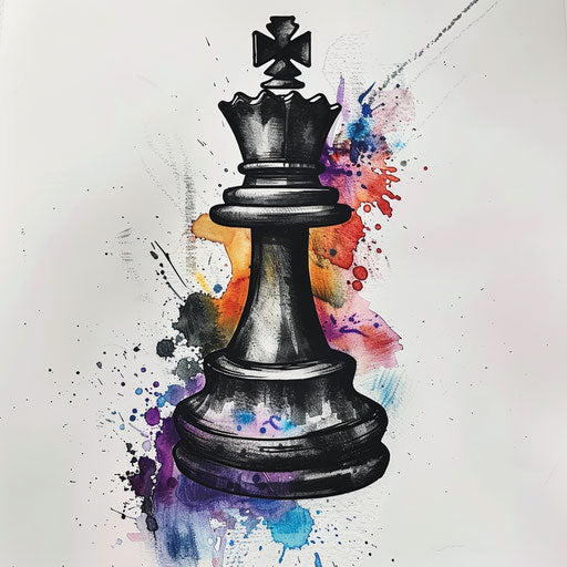 King chess piece tattoo, reimagined with modern art