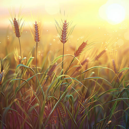 Wheat illustration in photo realistic style with a flat random background, ethereal glow and soft edges