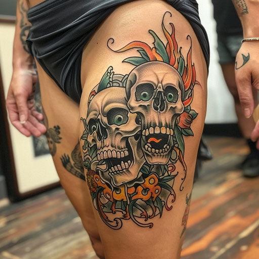 Thigh tattoo of traditional skulls and flames