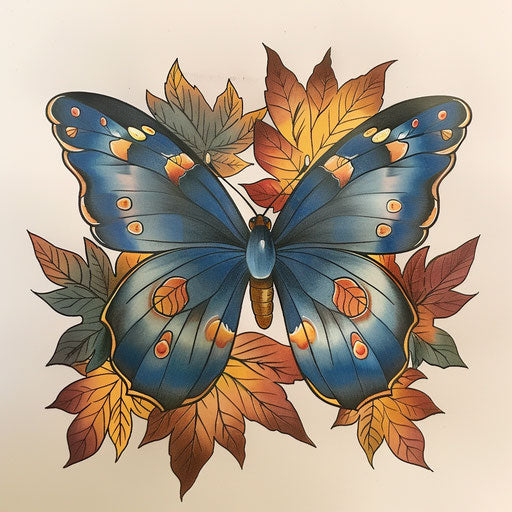 Blue butterfly with autumn leaves and warm fall colors