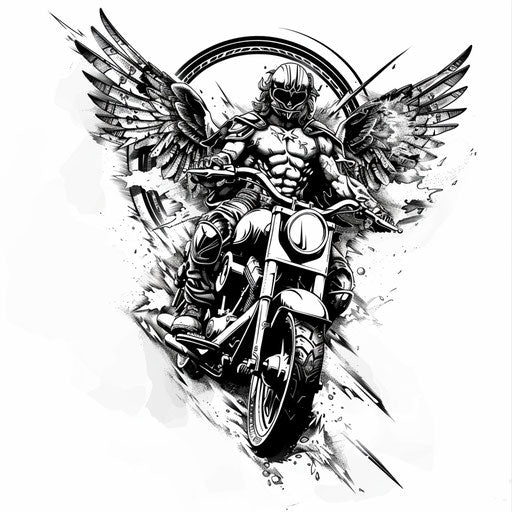 Archangel Michael in battle armor riding a battle motorcycle