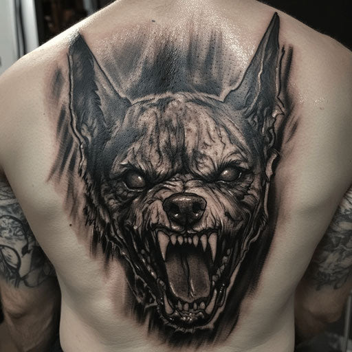 Dog ear tattoo in the style of Adrian Smith with a demon face hidden in shadows