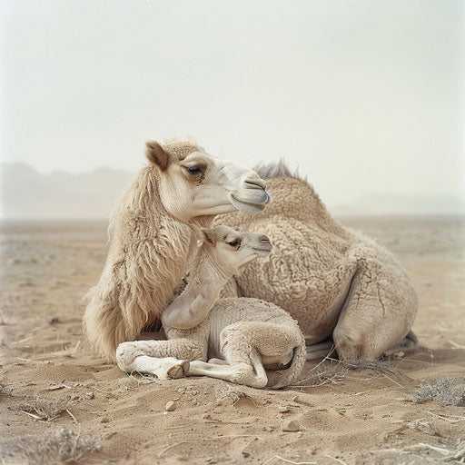 A mother camel comforting her newborn, a tender scene of new life in the harsh desert.