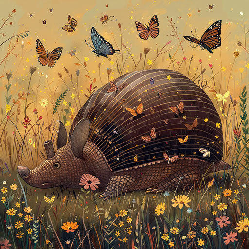 An armadillo resting in a field, surrounded by fluttering butterflies and buzzing bees