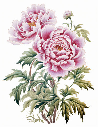 Old style handdrawn peony, eye-catching detail, light magenta