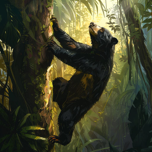 A bear climbs a tree in the tropical forest